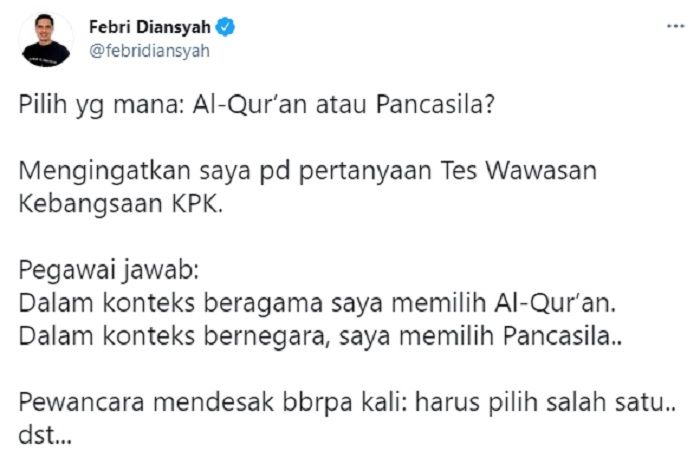 Cuitan eks jubir KPK, Febri Diansyah soal TWK pegawai KPK yang diminta memilih antar Al Quran atau Pancasila