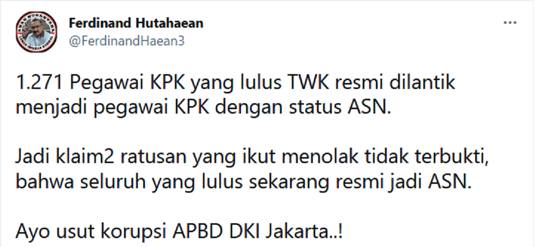 1.271 Pegawai KPK Lolos TWK Resmi Jadi ASN, Ferdinand: Ayo Usut Korupsi APBD DKI Jakarta