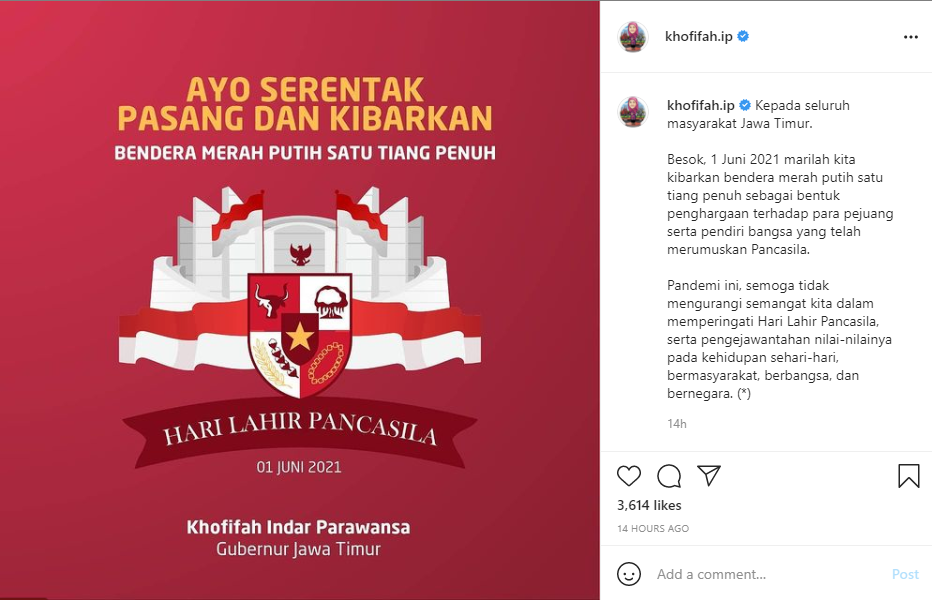 Gubernur Jawa Timur Khofifah Indar Parawansa meminta masyarakat mengibarkan bendera Indonesia sebagai bentuk peringatan Hari Lahir Pancasila.*