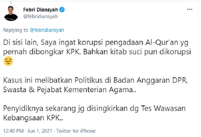 Febri Diansyah kembali meminta penjelasan soal polemik pertanyaan dalam  TWK KPK, salah satunya 'Alquran atau Pancasila'.*