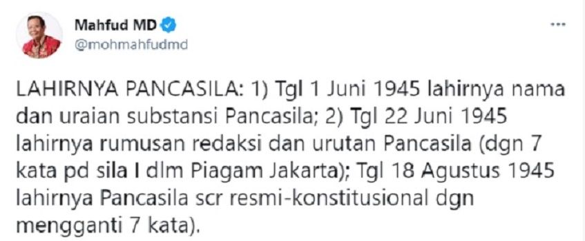 Menkopolhukam Mahfud MD menjelaskan soal perbedaan tanggal lahir Pancasila, ada 1 Juni, 22 Juni, dan 18 Agustus 1945.*