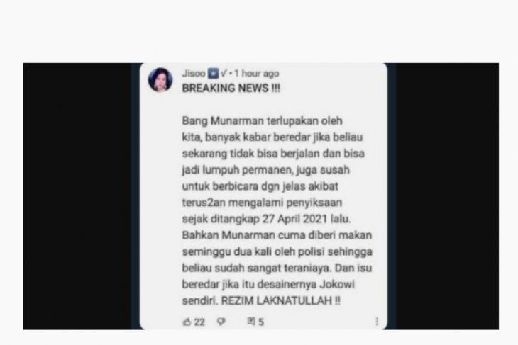 Tangkapan layar pesan hoaks yang menyebut mantan Sekretaris Umum FPI Munarman mengalami kelumpuhan akibat disiksa sejak ditangkap pada 27 April 2021. (Facebook)