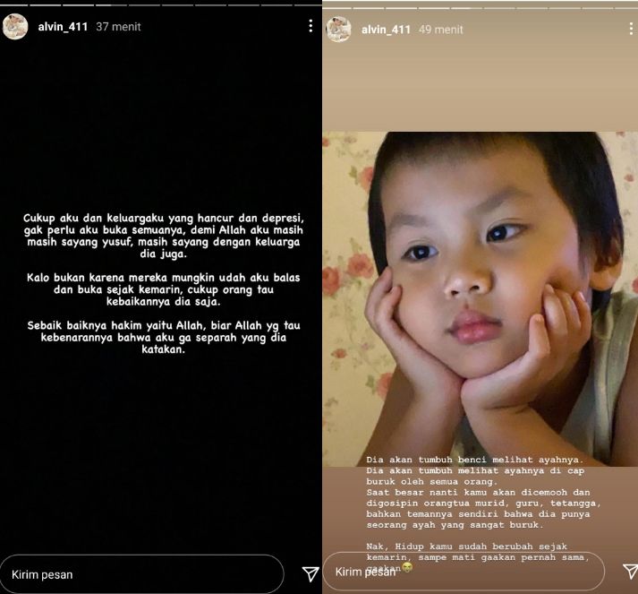 Tangkapan layar Instagram Stories Alvin Faiz usai dicap buruk oleh Larissa Chou.