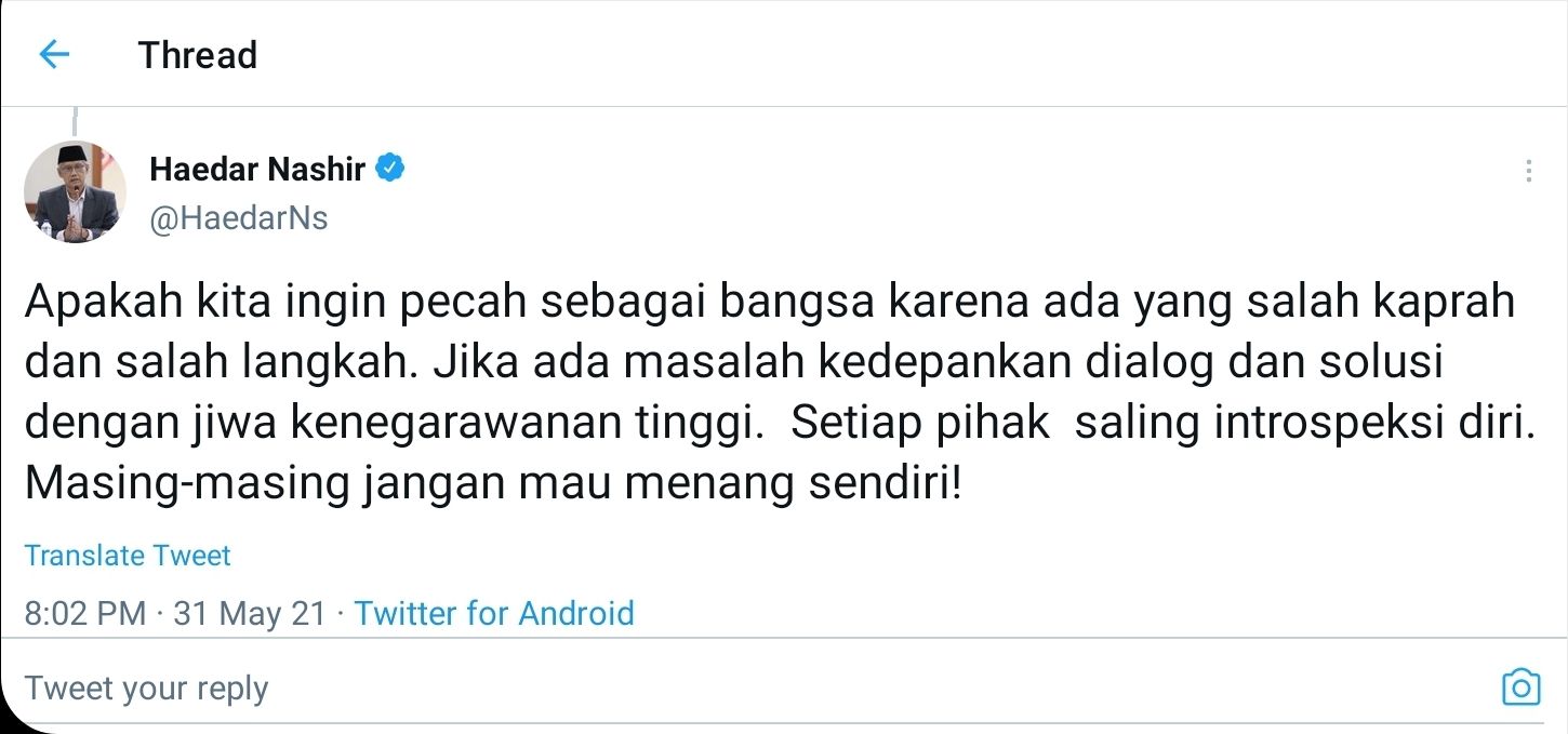 Cuitan Haedar Nashir terkait polemik TWK pegawai KPK.