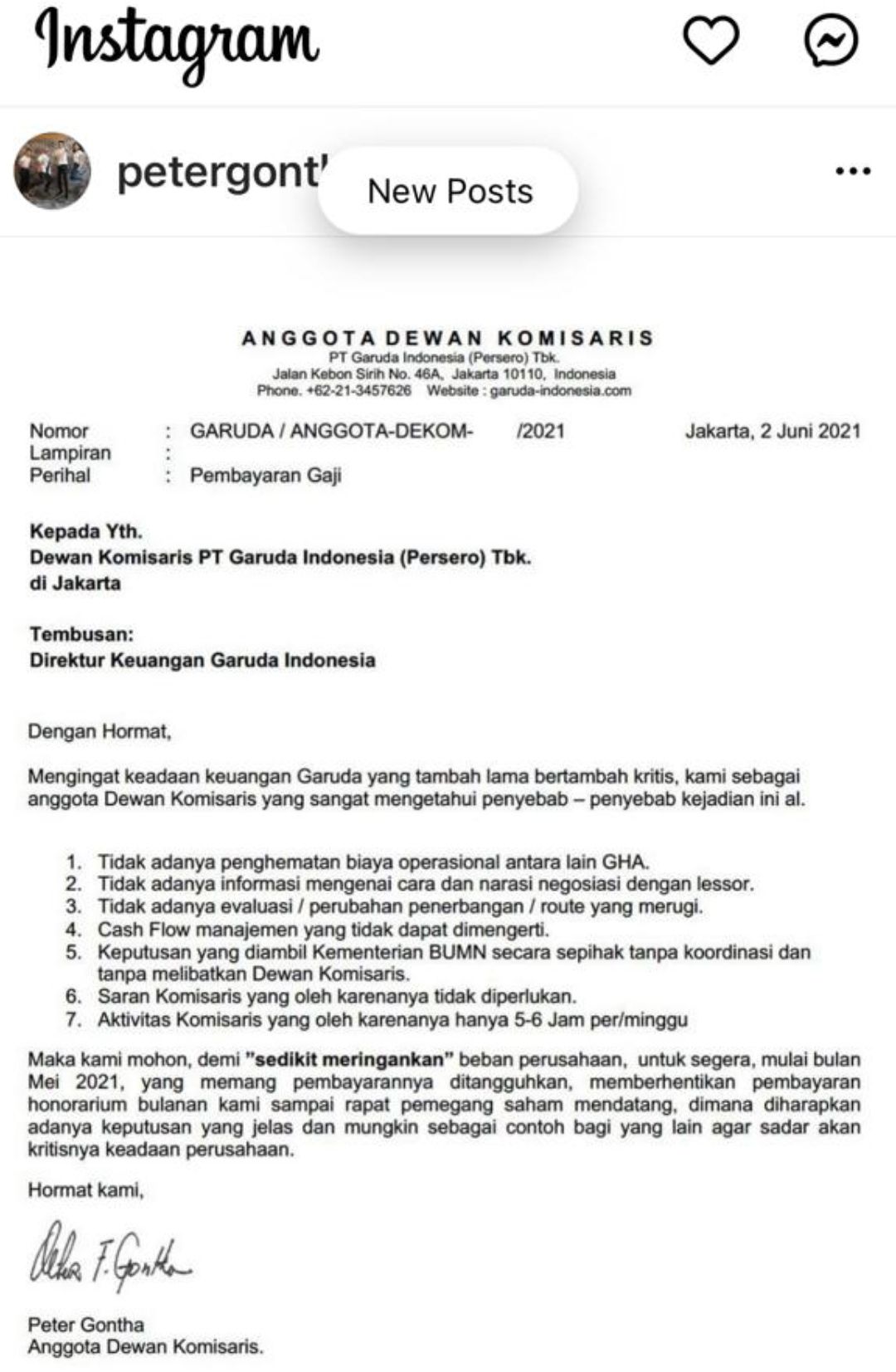 Surat Terbuka Dewan Komisaris Maskapai Garuda Indonesia