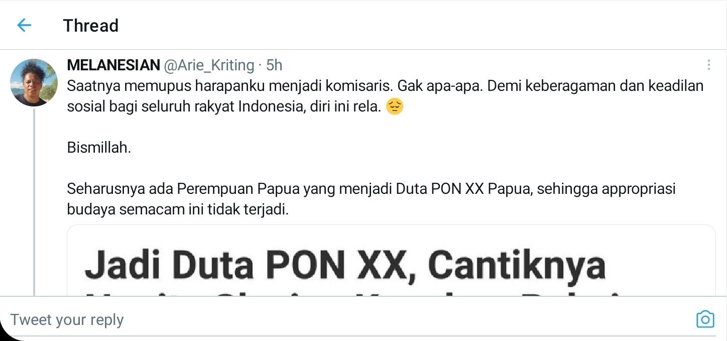 Arie Kriting menanggapi ditunjukkan Nagita Slavina jadi Duta PON XX, di mana tidak ada wajah perempuan Papua.*