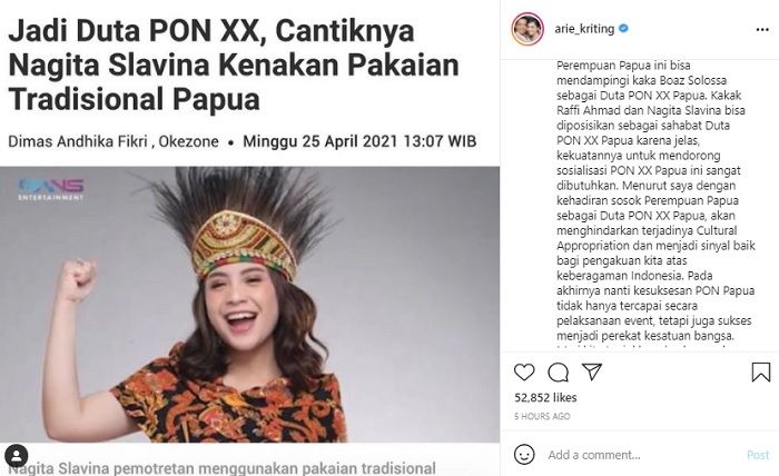 Nagita Slavina Terpilih jadi Duta PON XX Papua, Arie Kriting: Seharusnya Sosok Perempuan Asli Papua./
