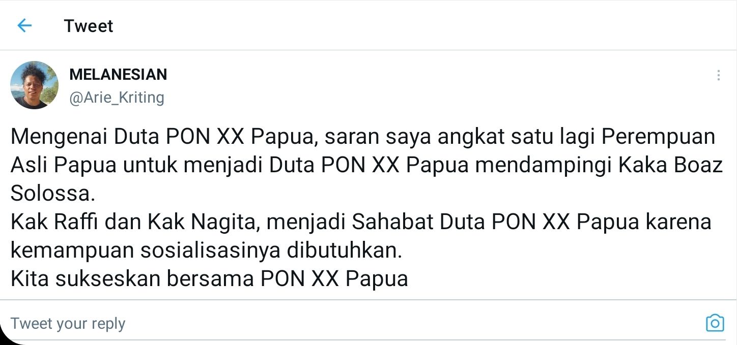 Arie Kriting menyarankan untuk menangkat satu perempuan asli Papua menjadi Duta Pekan Olahraga Nasional (PON) XX 2021.*