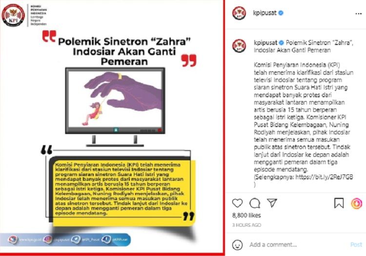 Komisi Penyiaran Indonesia (KPI) akhirnya menanggapi polemik sosok Zahra dalam sinteron Suara Hati Istri.*