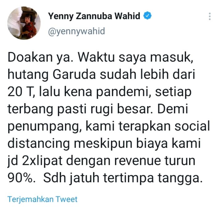 Tweet Komisaris Independen Garuda Indonesia Yenny Wahid tentang utang Garuda