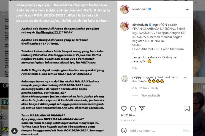 Penyanyi asal Papua, Olvah Alhamid menanggapi polemik penunjukkan Nagita Slavina sebagai Duta Pekan Olahraga Nasional (PON) XX Papua.*