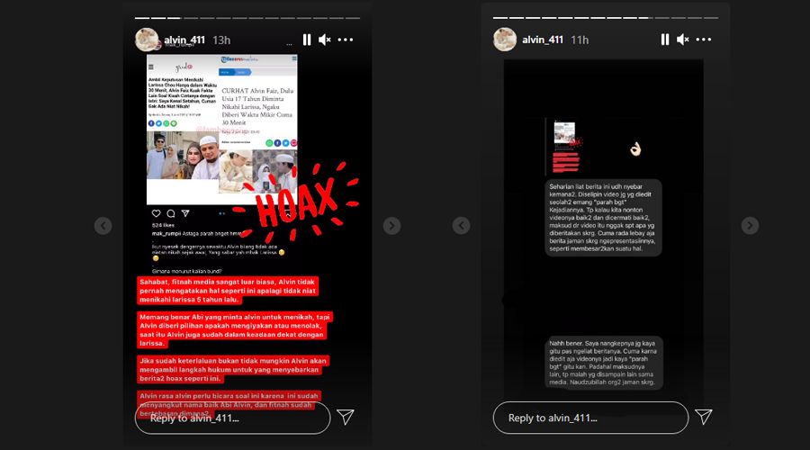 tangkapan layar unggahan Instagram Story Alvin Faiz