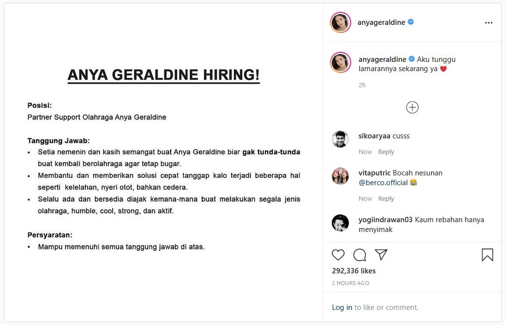 Anya Geraldine Buka Lowongan Kerja untuk Partner Fitness, Netizen Langsung Ramai Daftarkan Diri