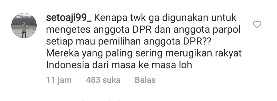 Tes TWK Pegawai KPK tak adil bagi para netizen hingga beri Komentar Netizen @setoaji99_ dalam kolom komentar Instagram @matanajwa.