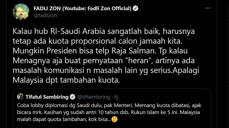 tangkap layar: cuitan Fadli Zon soal pembatalan jemaah haji Indonesia yang tidak diberangkatkan tahun 2021.*