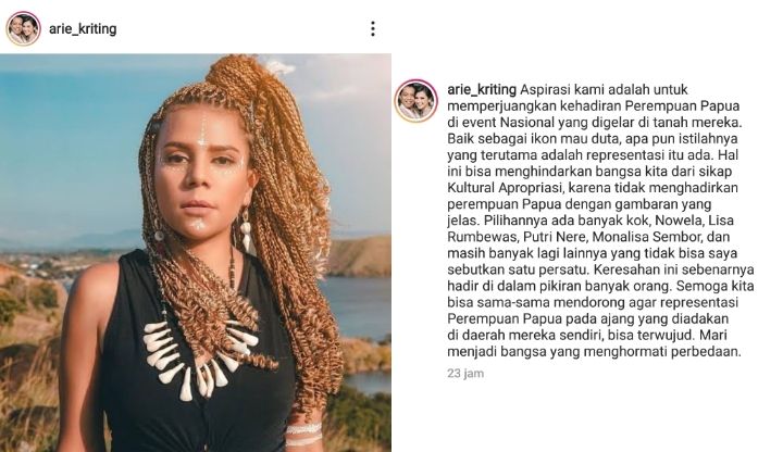 Tangkapan layar unggahan Arie Kriting yang perjuangkan kehadiran perempuan Papua di event nasional./