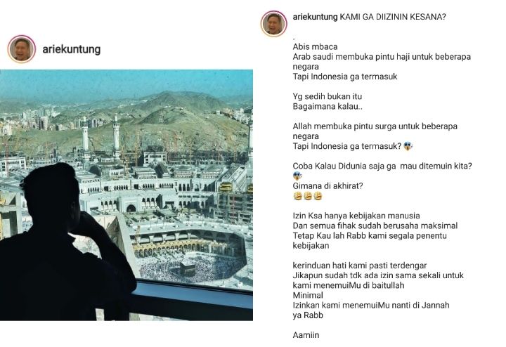 Tangkapan layar unggahan Arie Untung soal pembatalan keberangkatan ibadah haji./