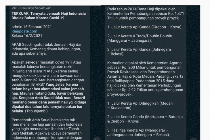 Tangkapan layar pesan hoaks soal tentang Ibadah Haji 2021 bagi Indonesia. (Whatsapp)