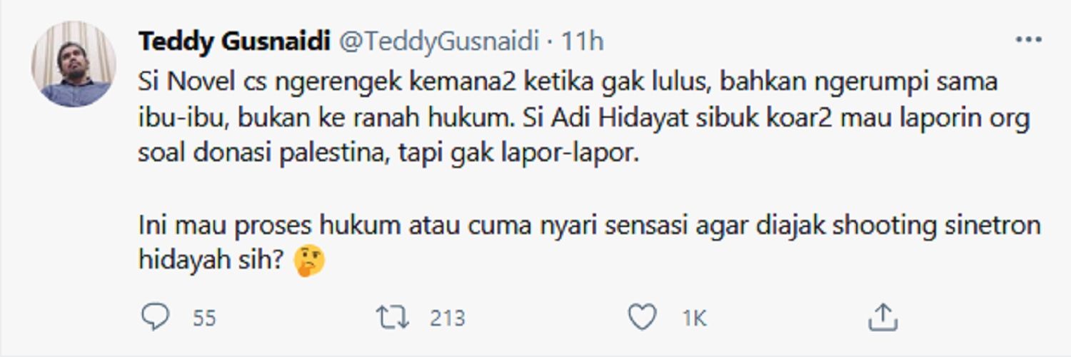Muak dengan Ulah Novel Baswedan dan Ustadz Adi Hidayat, Teddy Gusnaidi: Cuma Cari Sensasi Agar Diajak Shooting
