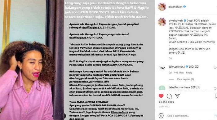 Unggahan Putri Indonesia Papua Olvah Alhamid terkait penunjukan Nagita Slavina dan Raffi Ahmad sebagai PON XX 2021 Papua.