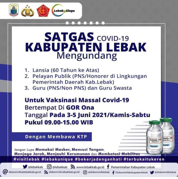 Pengumuman vaksinasi gratis bagi warga Kabupaten Lebak, Banten, 3-5 Juni 2021