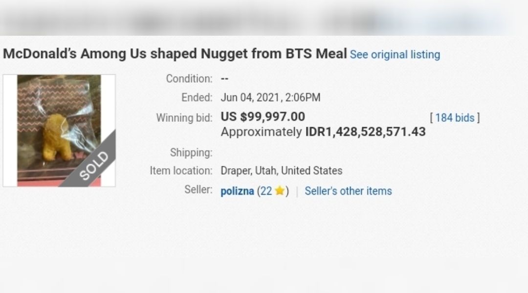 Potongan chicken nugget BTS Meal berbentuk Among Us yang terjual seharga Rp 1,4 miliar di eBay