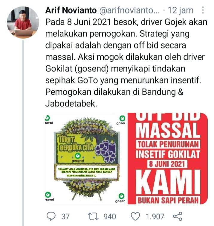 Tweet Arif Novianto terkait rencana mogok massal driver Gojek (Gokilat) pada Selasa 8 Juni 2021