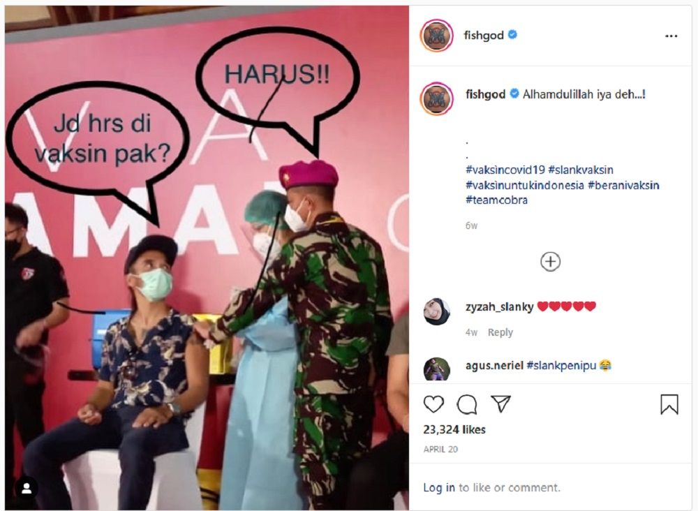 Sambil Tatap Anggota TNI, Kaka Slank Ragu Saat Divaksin Covid-19, Netizen: Vaksin Bang Biar jadi Direksi