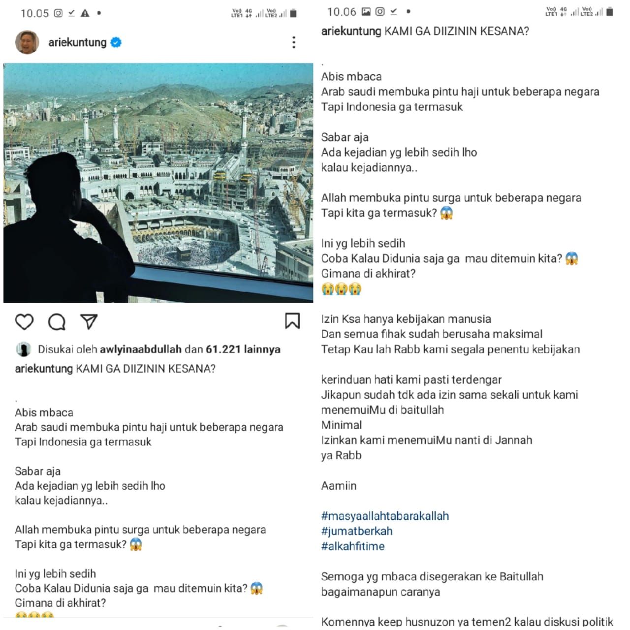 Tangkapan layar unggahan Arie Untung di akun instagram pribadinya./Zona Surabaya Raya/Instagram/@ariekuntung