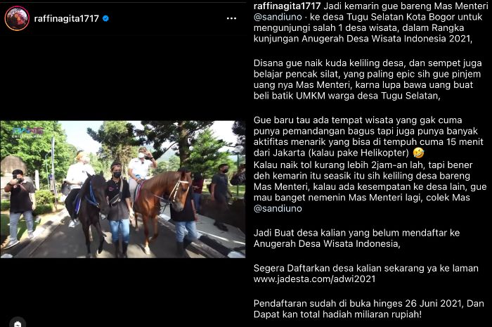Unggahan Raffi Ahmad saat melakukan kunjunagn ke desa wisata di Kota Bogor bersama Menparekraf Sandiaga Uno.