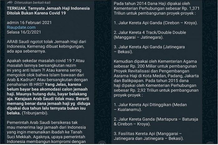 Hoaks soal Arab Saudi tolak jemaah Indonesia karena belum bayar uang haji.
