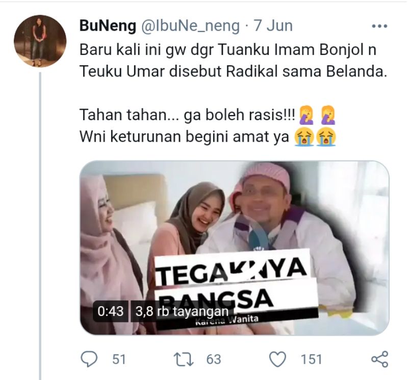 Screenshot foto akun ibune_Neng yang memuat ceramah babe Haikal Hasan tentang Teuku Umar dan Imam Bonjol dibilang Radikal