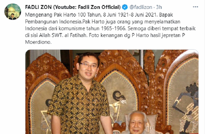 Cuitan Fadli Zon soal mendiang Soeharto.