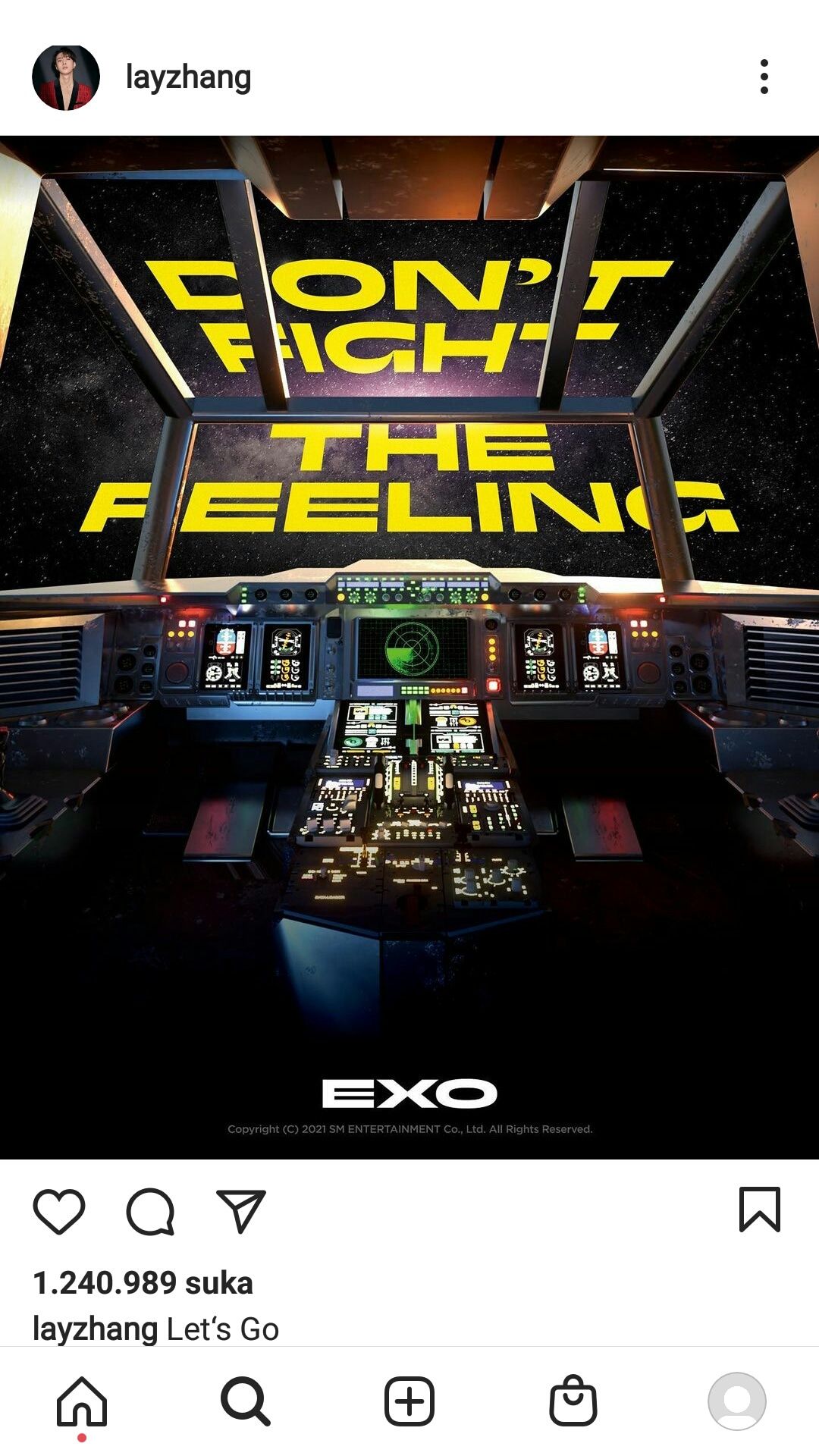 Tangkapan layar unggahan Lay terkait album EXO, Don't Fight The Feeling.