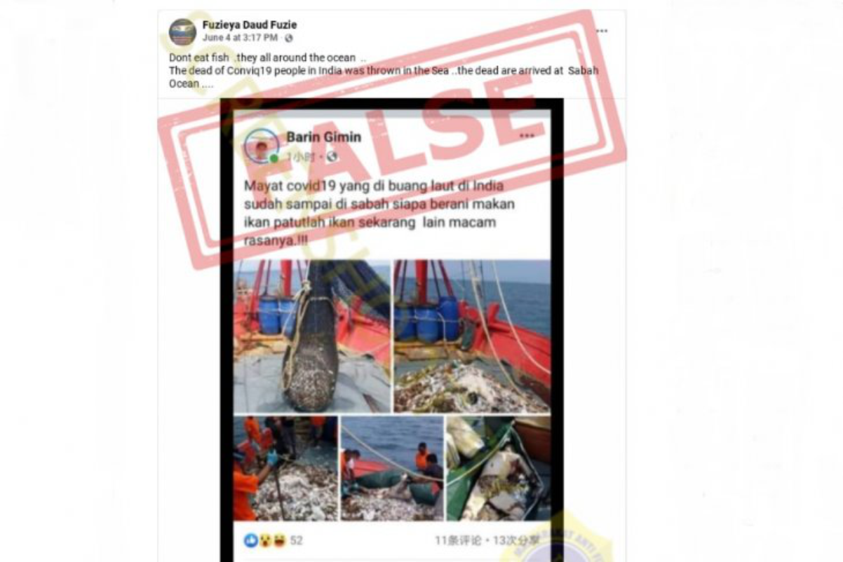 Tangkapan layar hoax yang menyatakan mayat Covid-19 sampai di perairan Malaysia/Turnbackhoax