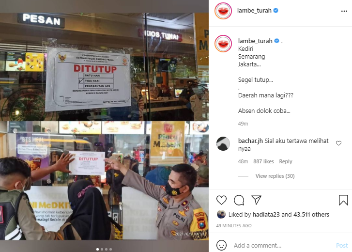 Unggahan akun Instagram @lambe_turah soal penutupan gerai McDonald's.