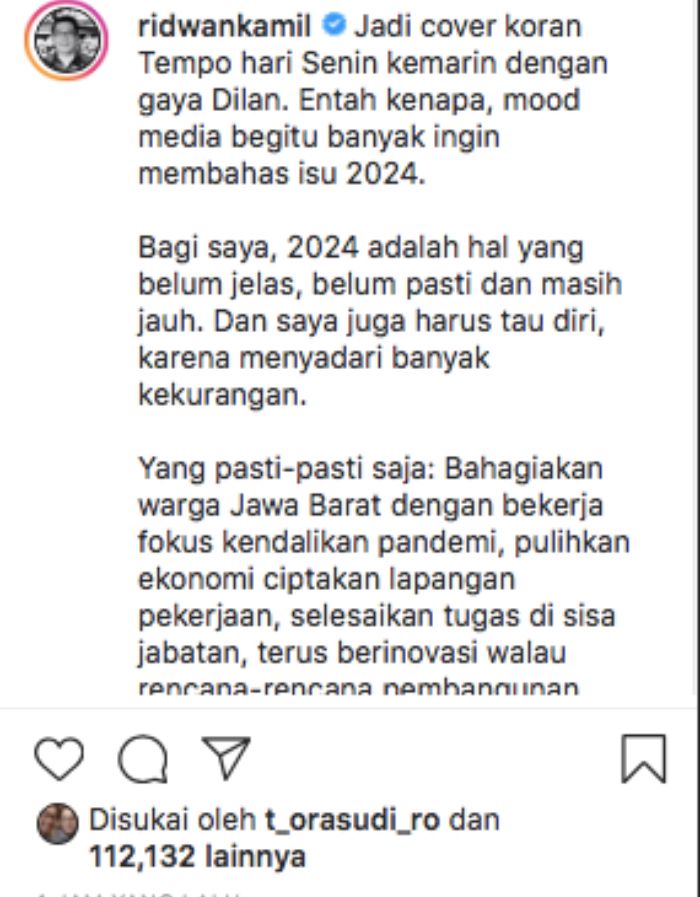 Unggahan Instagram Ridwan Kamil.*