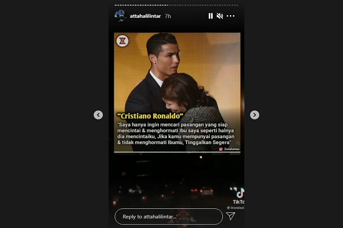 Unggahan Atta Halilintar dalam Insta Story-nya terkait pesan Chritiano Ronaldo.