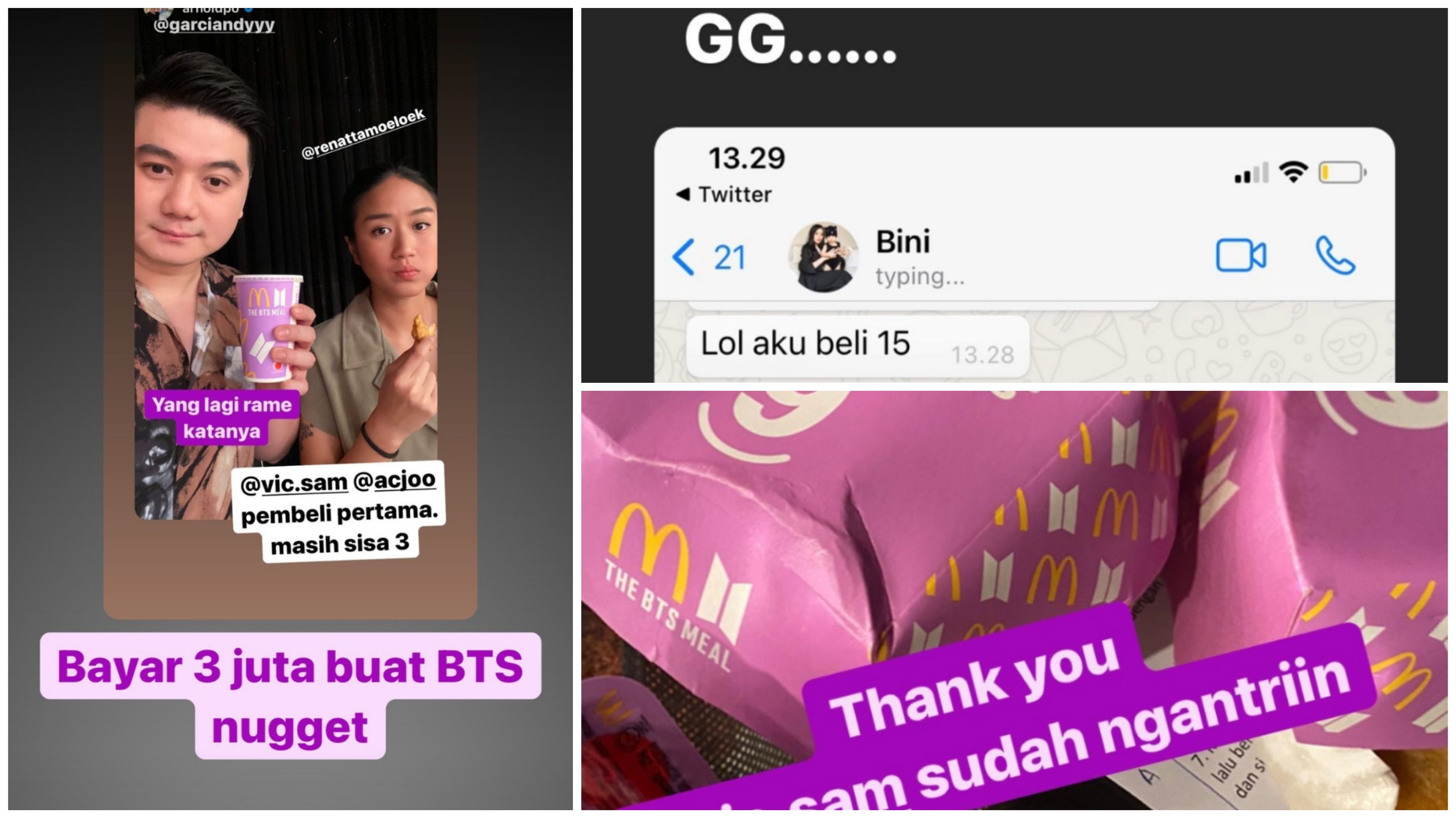 Kolase foto Chef Arnold bersama Chef Renatta dan unggahan Instagram Story Arnold mengenai BTS Nugget yang dibeli tiga juta