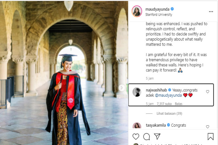 Najwa Shihab beri ucapan selamat atas kelulusan S2 Maudy Ayunda dari Stanford University.