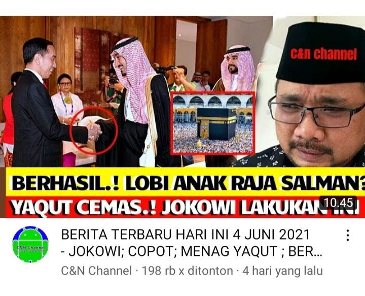 Tayangan video hoaks yang menyebutkan bahwa Presiden Jokowi mencopot Menteri Agam RI Yaqut Cholil Qoumas.
