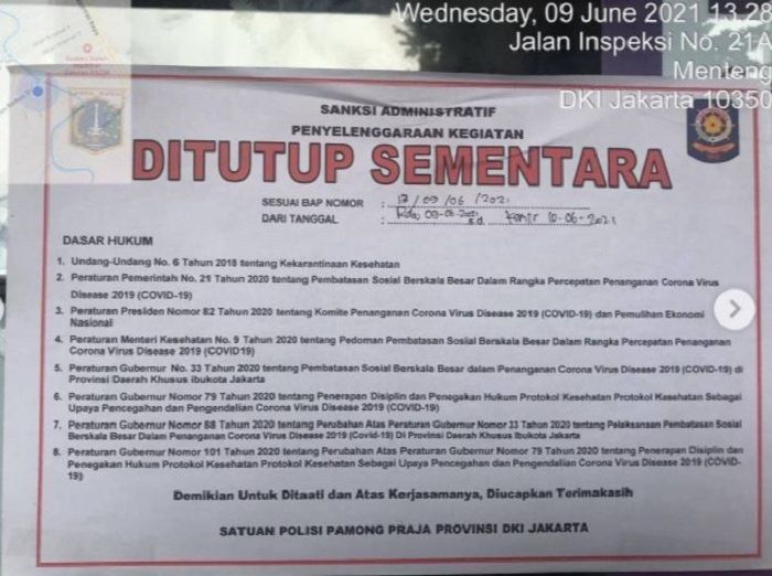  McDonald's Menteng Jakarta Pusat. Penindakan pelanggaran protokol kesehatan dengan Sanksi Penutupan Sementara terhadap tempat usaha McD oleh petugas Satpol PP DKI Jakarta.  Lokasi Menteng Jakarta Pusat