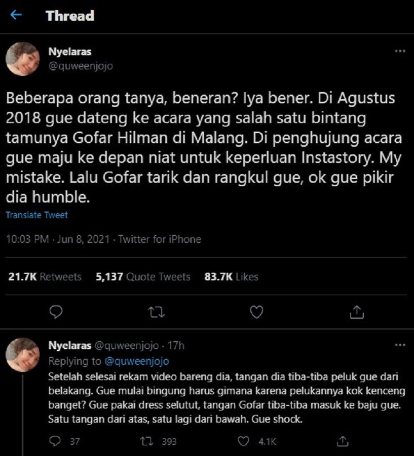 Unggahan di media sosial perempuan yang diduga dilecehkan oleh Gofar Hilman. Persitiwa ini terjadi pada 2018 lalu di salah satu acara di Malang, Jawa Timur.