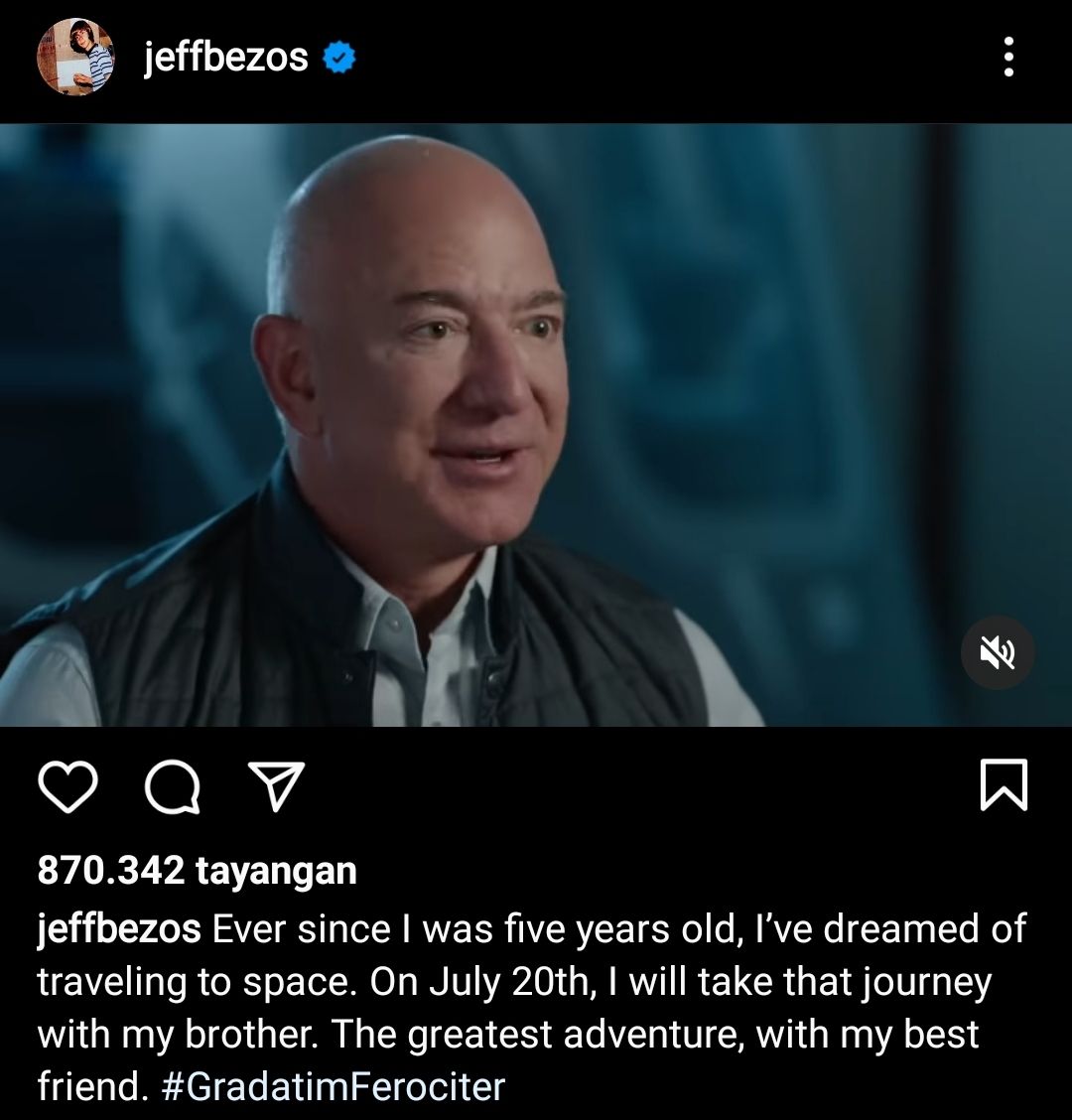 Jeff Bezos akan keluar angkasa untuk mewujudkan mimpi masa kecinya bersama sang adik.