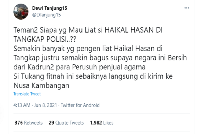 Tangkapan layar cuitan Dewi Tanjung.
