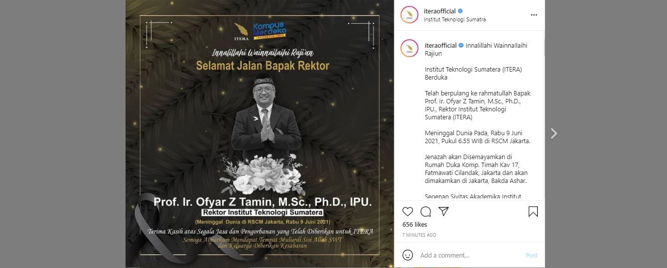 Postingan laman Instagram Itera umumkan Prof. Ofyar Z Tamin meninnga dunia