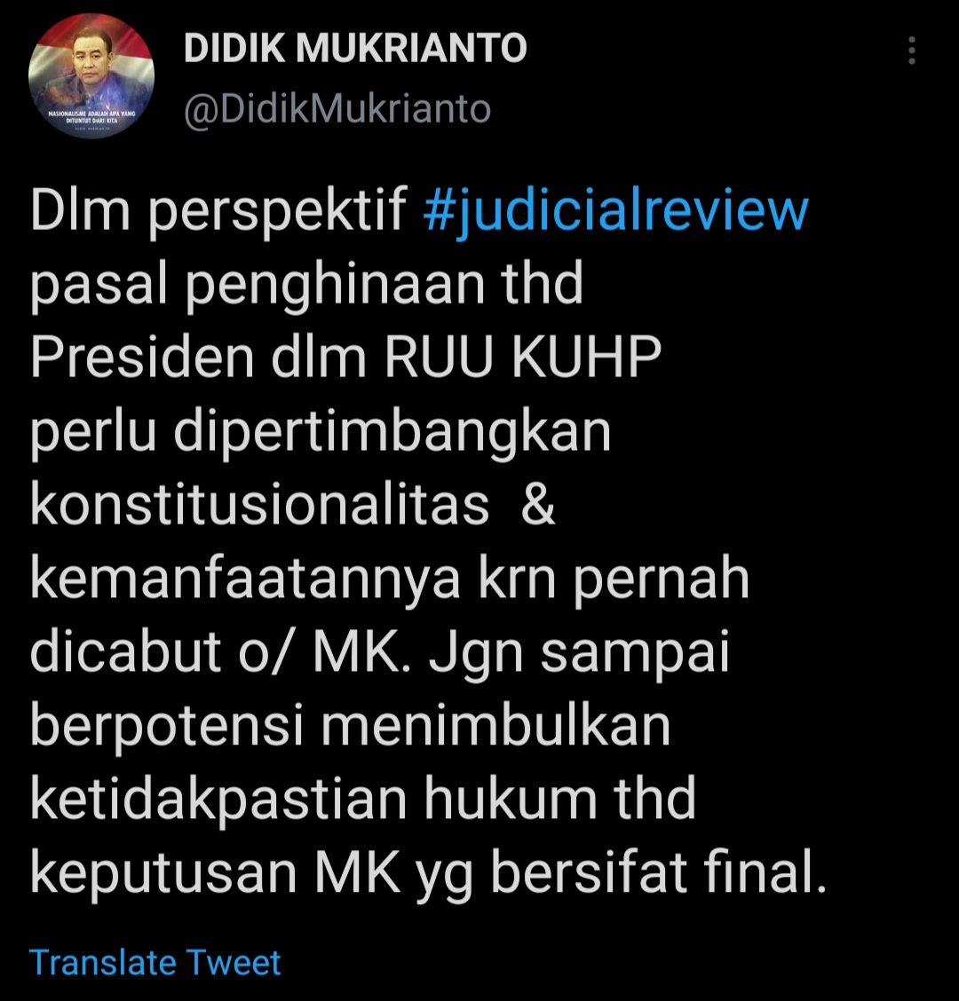 Tangkap layar cuitan Didik Mukrianto mengenai pasal penghinaan Presiden dalam RUU KUHP.