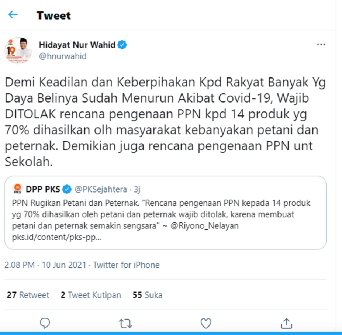 Tangkap layar cuitan twitter Hidayat Nur Wahid.