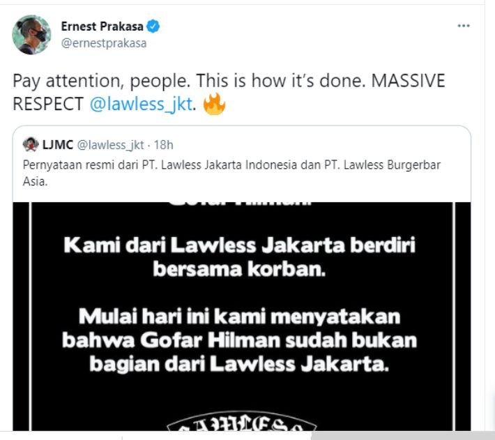 Ernest Prakasa memberikan apresiasi atas sikap PT Lawless Jakarta yang resmi mendepak Gofar Hilman buntut kasus dugaan pelecehan seksual.*