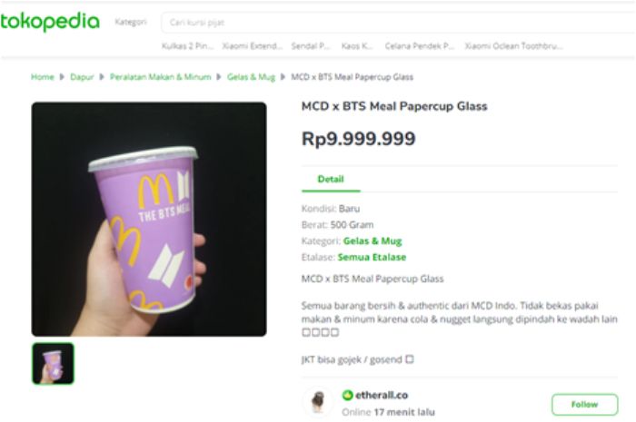 Foto hasil tangkapan layar dari seller Tokopedia yang menjual bungkus minuman dari BTS Meal. 